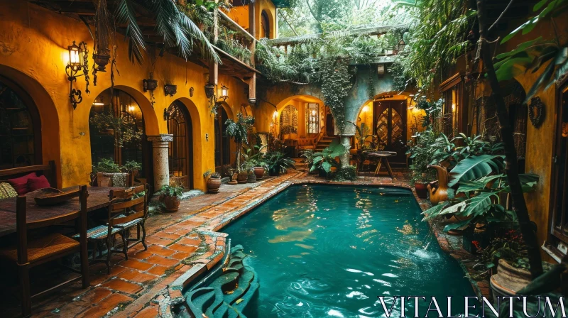 Serene Courtyard with Swimming Pool and Lush Greenery AI Image