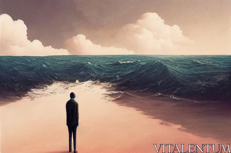 Surrealistic Oil Painting: Person at the Edge of the Sea AI Image