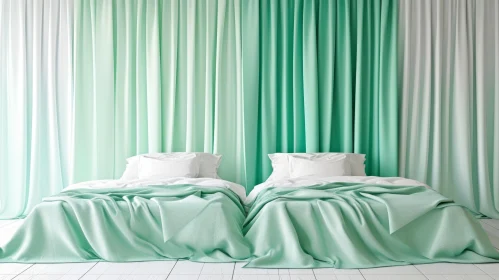 Tranquil Beds with White Linens and Mint Green Blankets