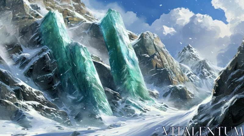 Winter Landscape with Snow-Capped Mountains and Frozen Waterfall AI Image