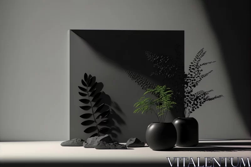 Black Vases Arrangement on White Table - Minimalistic Japanese Style AI Image