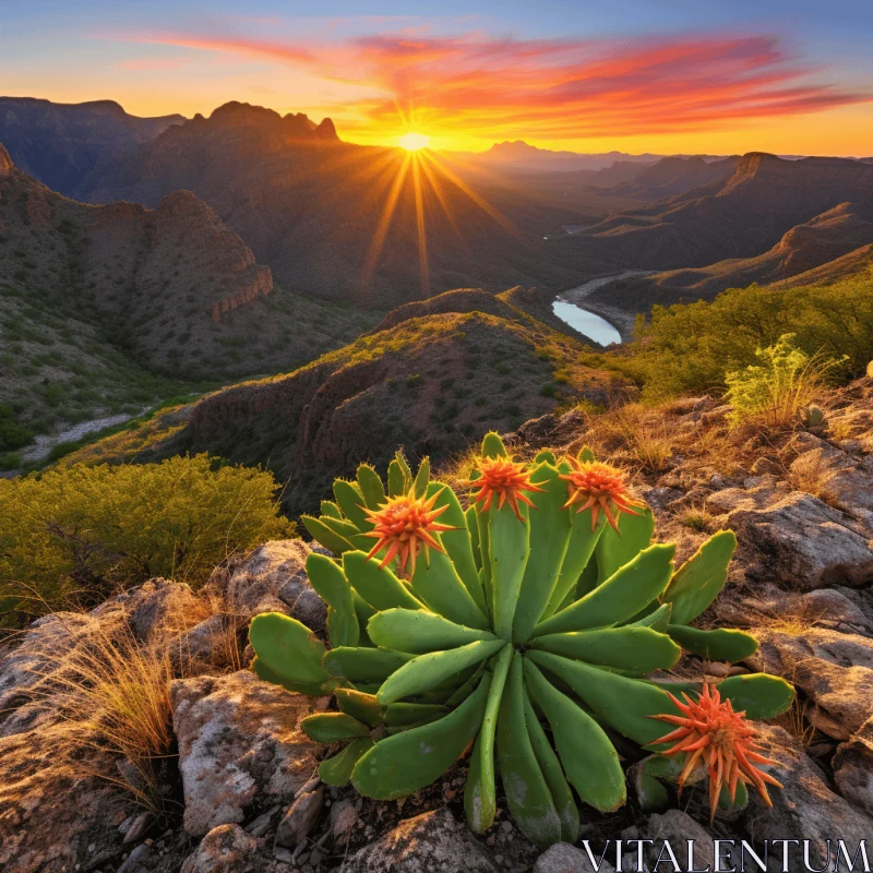 Captivating Sunset with Cactus Plant and Majestic Mountains AI Image