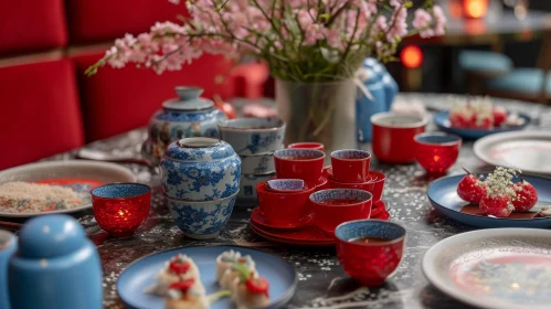 Elegant Table Setting with Red and Blue Dishes and Pink Flowers