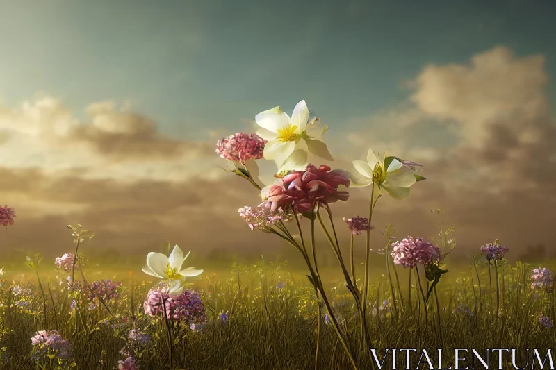 Field of Colorful Flowers Under Sunny Skies | Dreamy and Romantic AI Image