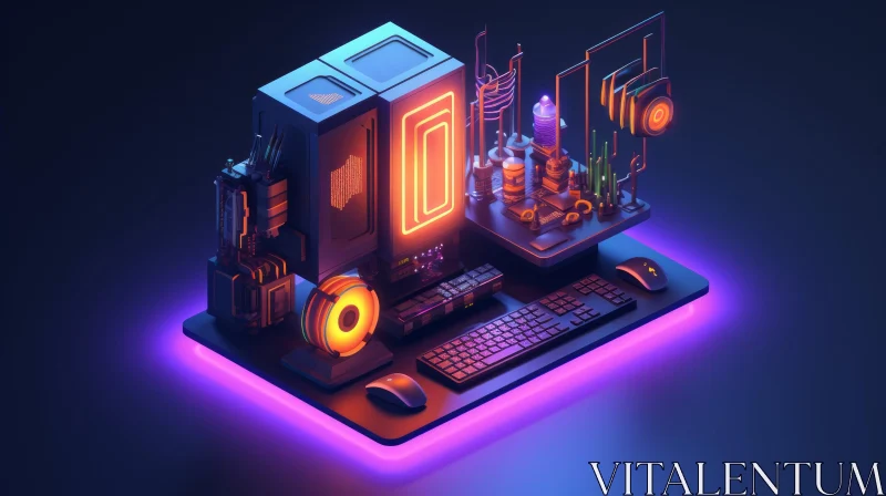 Futuristic Computer Case 3D Illustration with Orange CPU and Purple Neon Lights AI Image