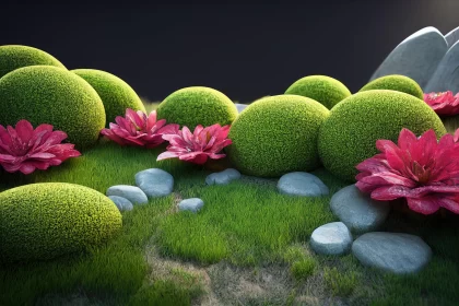 Luminous 3D Abstract Grass Scene with Rocks and Flowers