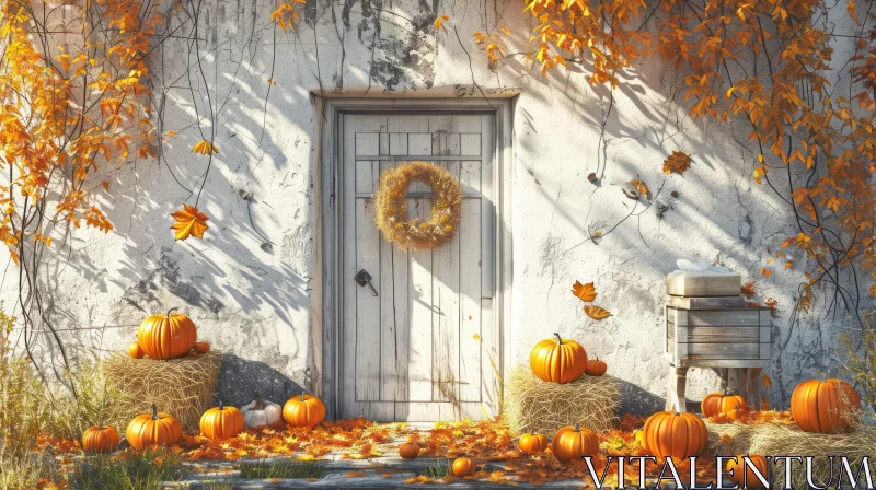 Rustic Wooden Door with Wreath and Autumn Decor AI Image