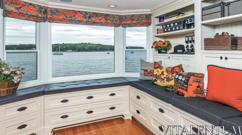 Tranquil Living Room with Bay Window and Stunning Lake View AI Image