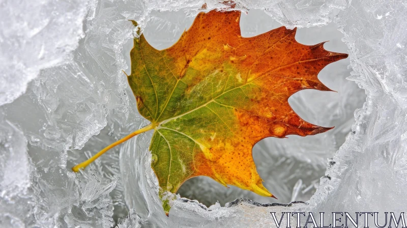 Captivating Close-Up: Colorful Leaf Frozen in Ice AI Image