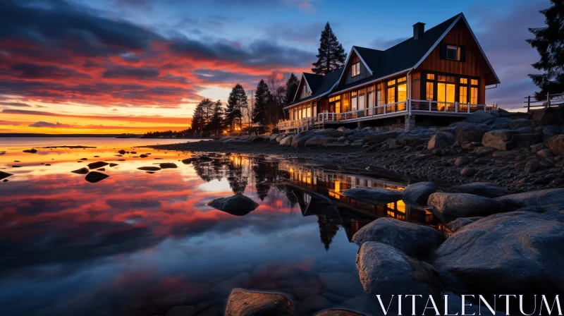 Captivating Sunset Scene with House Reflection on Calm Lake AI Image