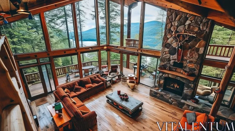 Cozy Living Room with Fireplace and Lake View AI Image