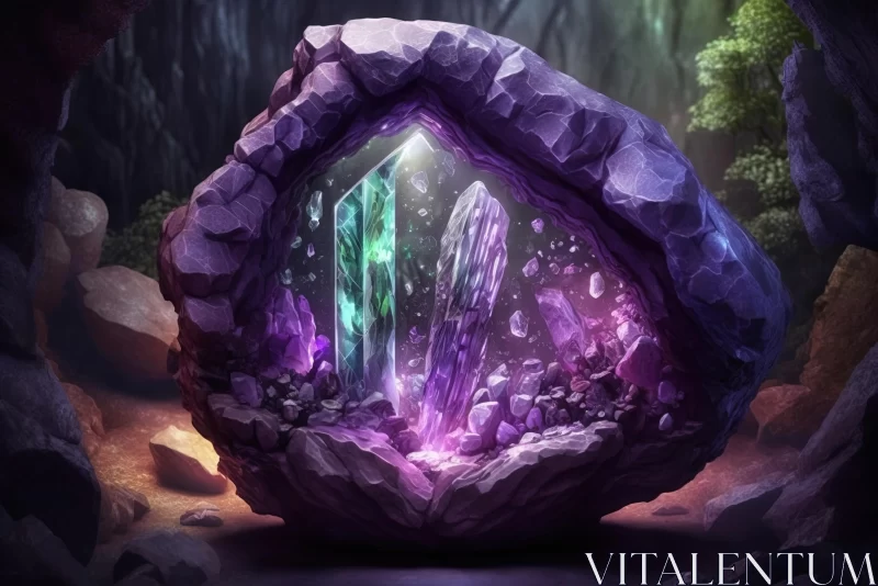 Ethereal Fantasy Art: Ancient Rock with Colorful Crystals AI Image