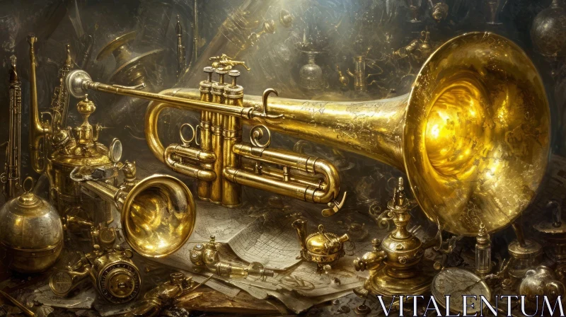 Golden Steampunk Trumpet Still Life with Gears and Cogs AI Image