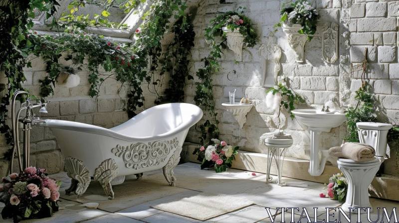 Luxurious Bathroom with Freestanding Bathtub and White Marble AI Image