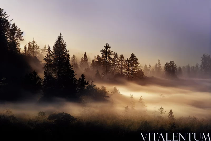 Mystical Mountain Forest Covered in Fog and Mist at Sunrise AI Image