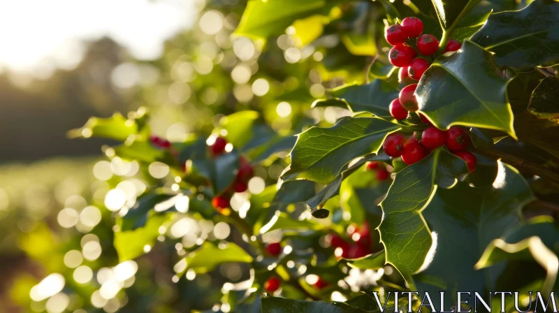 Branch of Holly Tree with Green Leaves and Red Berries AI Image