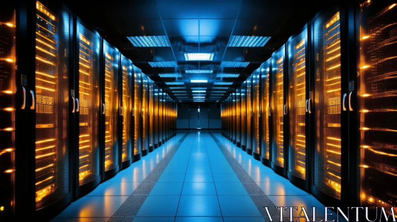 Data Center Corridor Illuminated by Server Racks AI Image