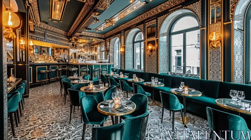 Exquisite Green and Gold Themed Restaurant | Opulent Dining Experience AI Image