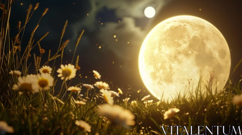 Full Moon Rising Over Field of Flowers - Serene Nature Landscape AI Image