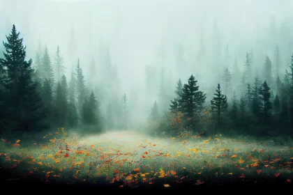 Mystical Foggy Forest with Vibrant Flowers | Texture-Rich Landscape