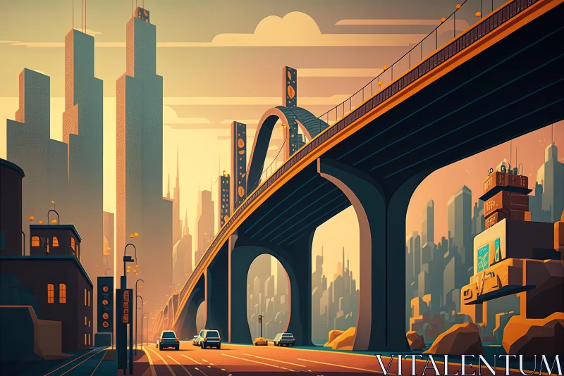 Vibrant City Illustration with Bridge: Pop Culture Imagery and Realistic Detailing AI Image