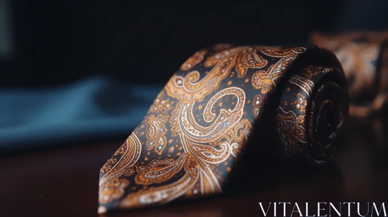 Brown and Gold Paisley Tie Close-Up on Dark Table AI Image