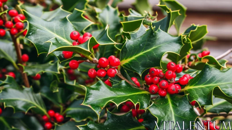 Close-up Image of Holly Branch with Green Leaves and Red Berries AI Image