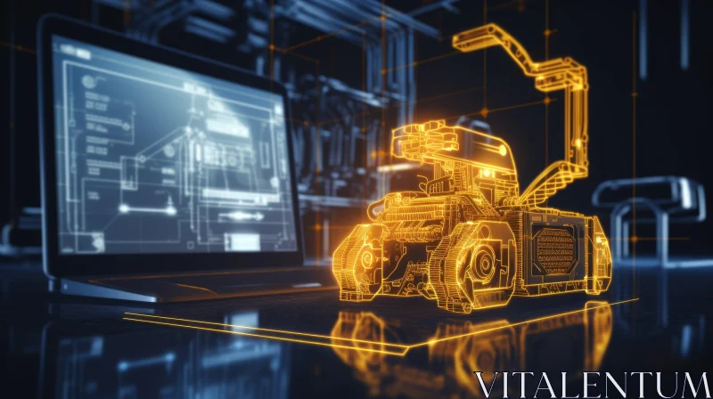 AI ART Futuristic Orange Robotic Vehicle with Computer Blueprint