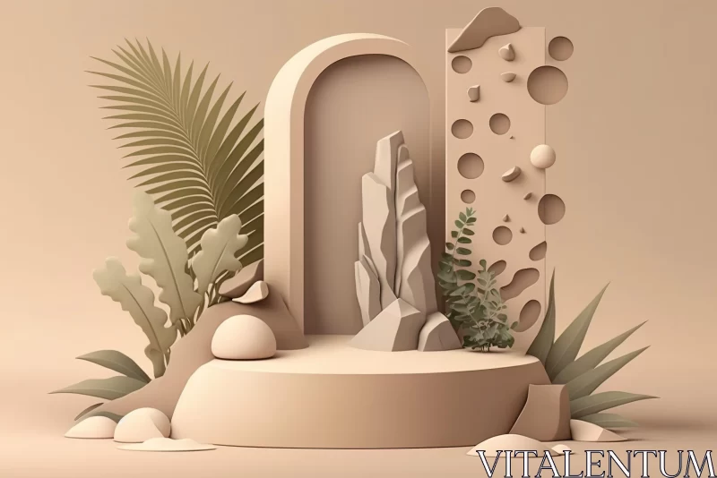 Futuristic Organic Stone Structure and Plants on Beige Background AI Image