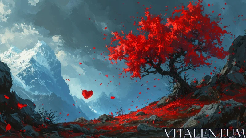 Majestic Red Tree Landscape Painting | Vibrant Colors | Peaceful Atmosphere AI Image