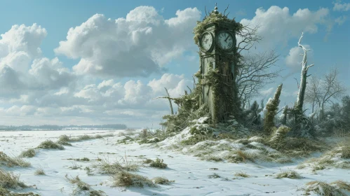 Post-Apocalyptic Landscape with Clock Tower and Snow