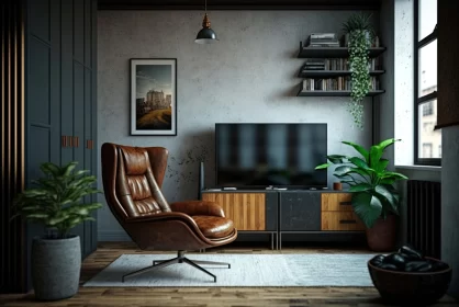 Vintage-Inspired Industrial Living Room with TV and Plants