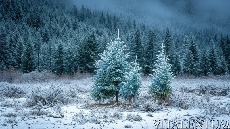 Winter Landscape with Snow-Covered Trees and Mountains AI Image