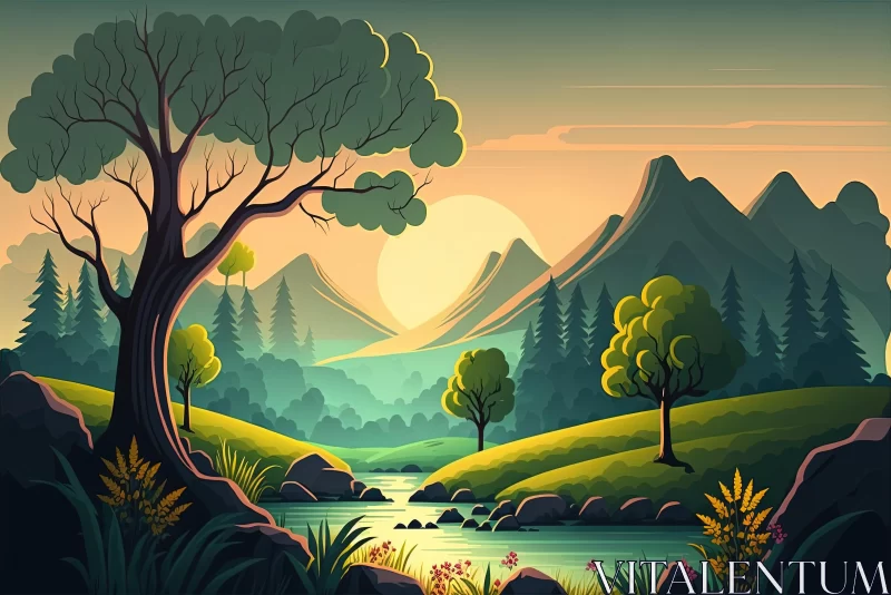 Captivating Forest Landscape with Mountains, Trees, and Lake | Vibrant Illustration AI Image