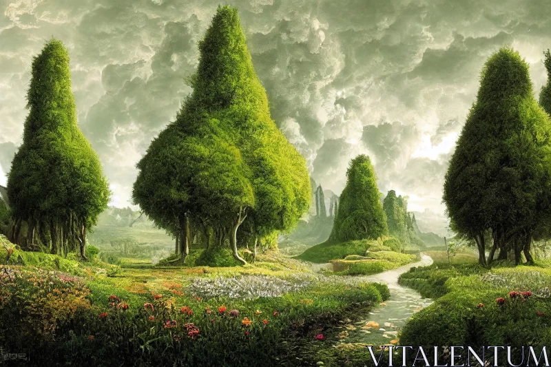 Captivating Green Landscape Painting with Trees and Water AI Image
