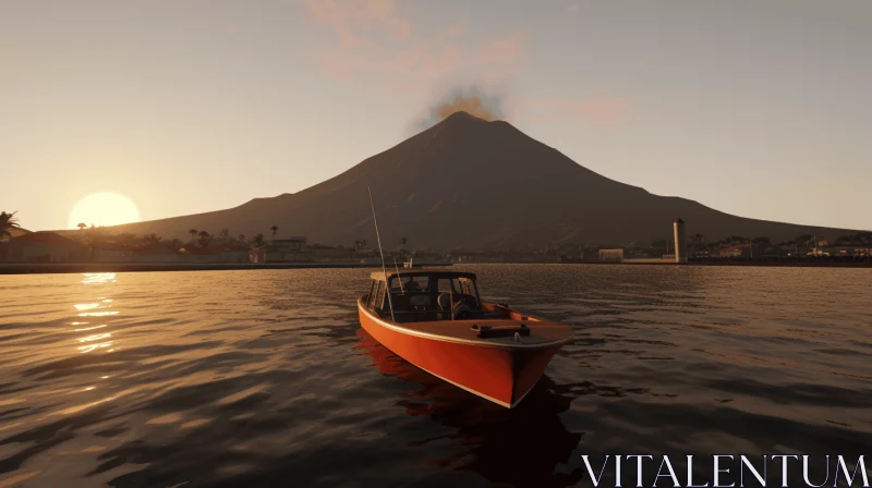 Captivating Red Boat on Water near Volcano - Realistic Art AI Image