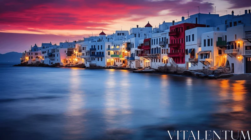 Colorful Buildings on Waterfront at Sunset | Greek Art and Architecture AI Image