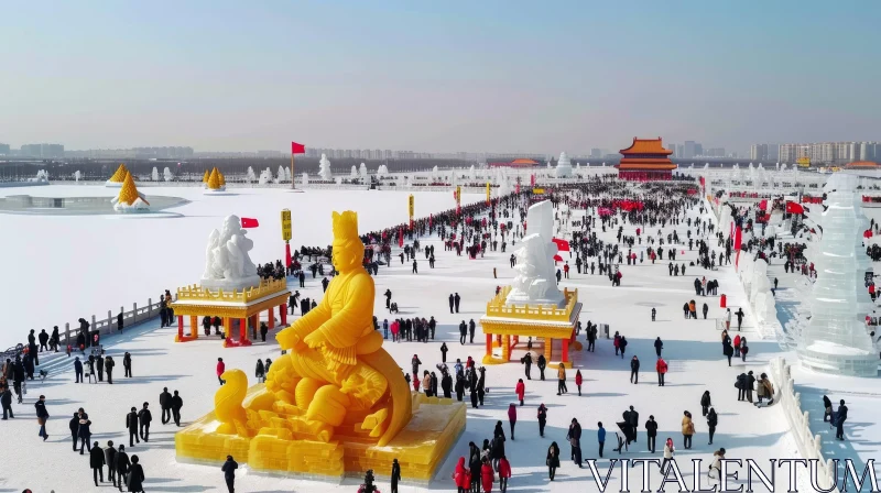 Gathering in the Snow: Majestic Ice Sculptures and Crowded Palace AI Image