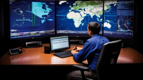 Man Tracking Ship Movements on Video Wall for National Security