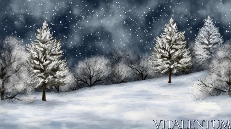 Serene Winter Landscape with Falling Snow and Snow-Covered Trees AI Image
