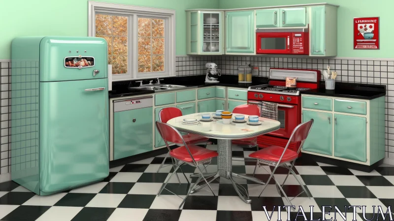 Vintage Kitchen in Mint Green and Red Colors | Nostalgic Charm AI Image