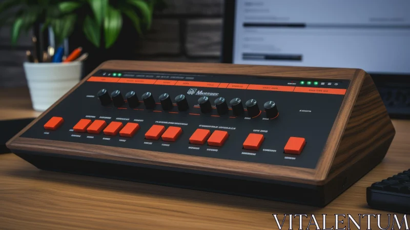 Vintage Synthesizer on Wooden Table AI Image