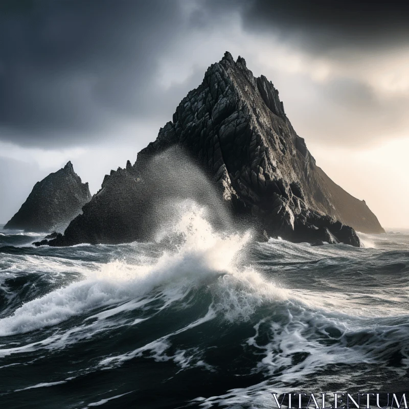 Captivating Oceanic Landscape: Waves Breaking Over a Rocky Coast AI Image