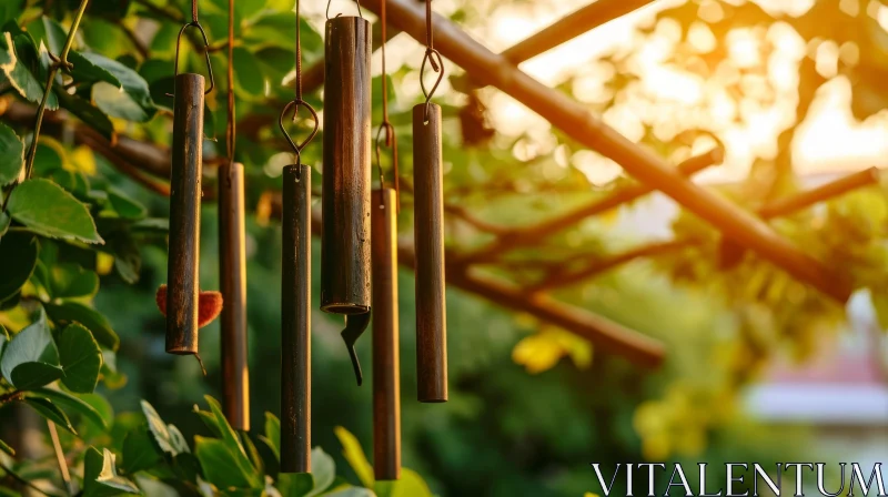 Close-Up Image of Bamboo Wind Chime Hanging from Tree Branch AI Image