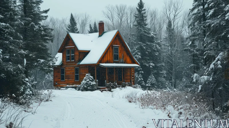 Cozy Wooden Cabin in Snowy Forest - Peaceful and Inviting AI Image