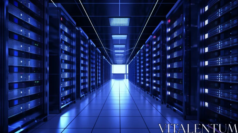 Enigmatic Data Center Illuminated in Blue and White AI Image