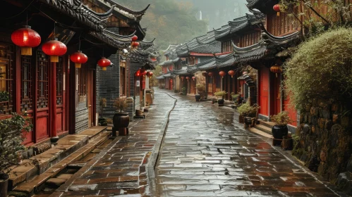 Serene Chinese Village Street Scene with Red Lanterns