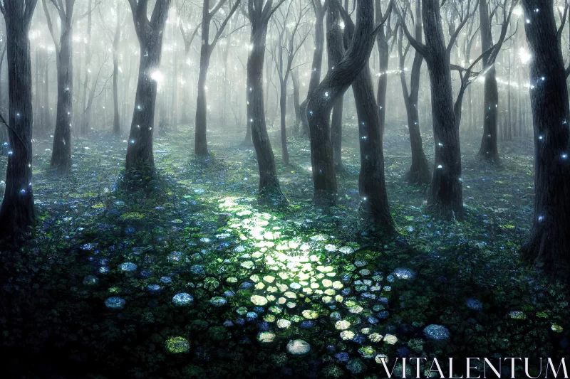 Serene Forest with Leaves and Blue Lilies - Realistic Depiction of Light AI Image