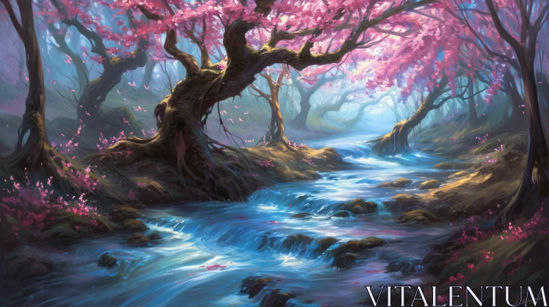Tranquil Cherry Blossom Forest with River - Captivating Nature Art AI Image