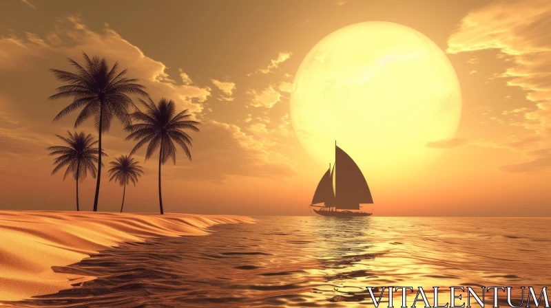 Tranquil Sunset Over the Ocean | Palm Trees, Sailboat AI Image